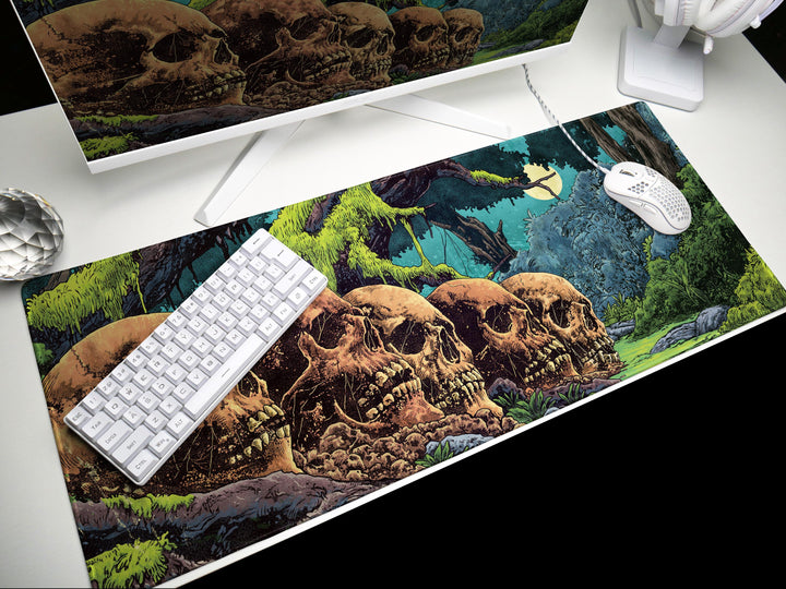 Eternal Rest, Desk Pad, Mouse Pad, Desk Mat, Overgrown Skulls, Haunted Jungle Scene, Dark Fantasy Forest, Nighttime Horror Ambience
