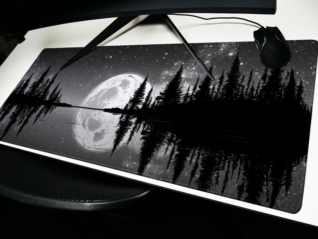 Silver Lake Midnight, Desk Pad, Mouse Pad, Desk Mat, Full Moon Reflection, Starry Sky, Tranquil Nature Scene