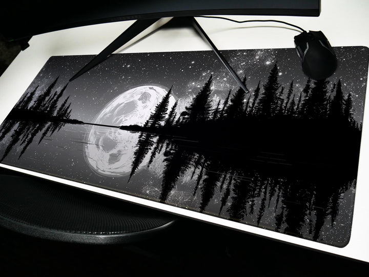 Silver Lake Midnight, Desk Pad, Mouse Pad, Desk Mat, Full Moon Reflection, Starry Sky, Tranquil Nature Scene