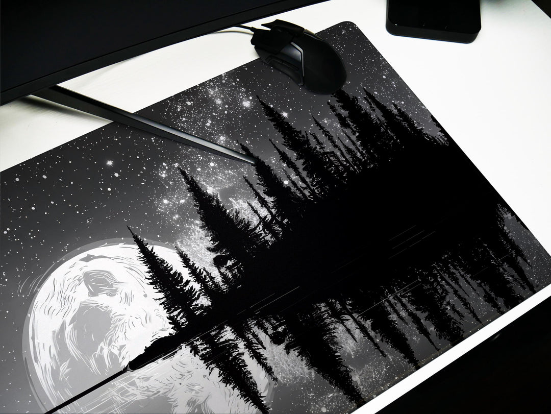 Silver Lake Midnight, Desk Pad, Mouse Pad, Desk Mat, Full Moon Reflection, Starry Sky, Tranquil Nature Scene