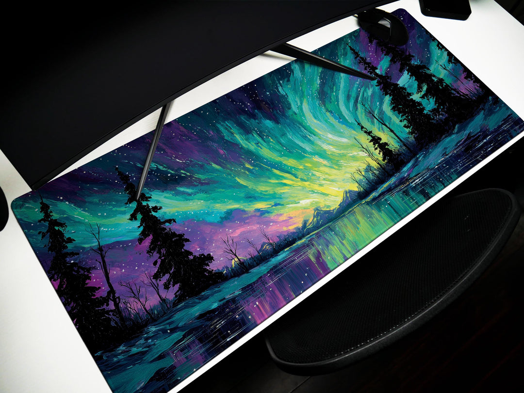 Aurora Skypaint, Desk Pad, Mouse Pad, Desk Mat, Northern Lights Scene, Arctic Forest, Vivid Night Sky, Colorful Wilderness