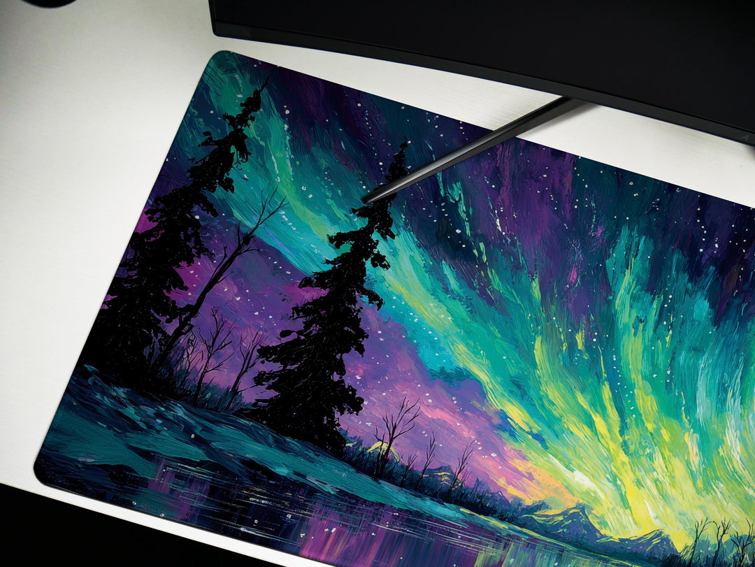 Aurora Skypaint, Desk Pad, Mouse Pad, Desk Mat, Northern Lights Scene, Arctic Forest, Vivid Night Sky, Colorful Wilderness