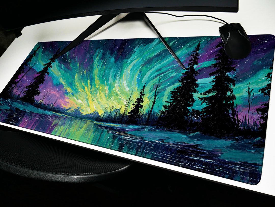 Aurora Skypaint, Desk Pad, Mouse Pad, Desk Mat, Northern Lights Scene, Arctic Forest, Vivid Night Sky, Colorful Wilderness