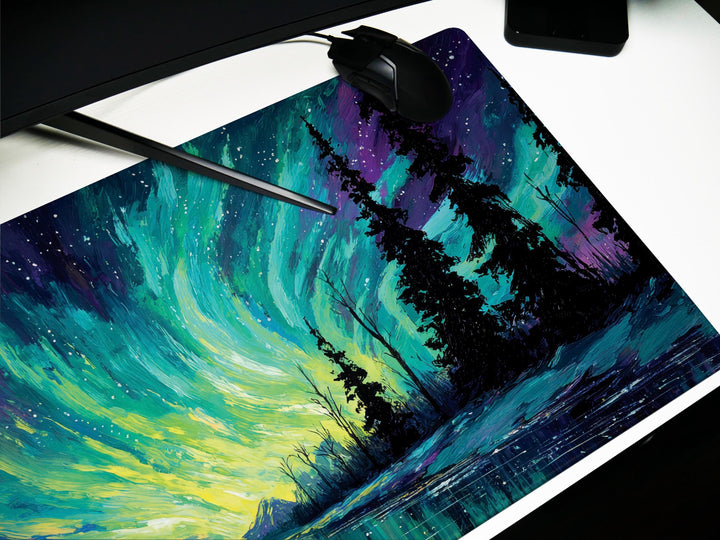 Aurora Skypaint, Desk Pad, Mouse Pad, Desk Mat, Northern Lights Scene, Arctic Forest, Vivid Night Sky, Colorful Wilderness