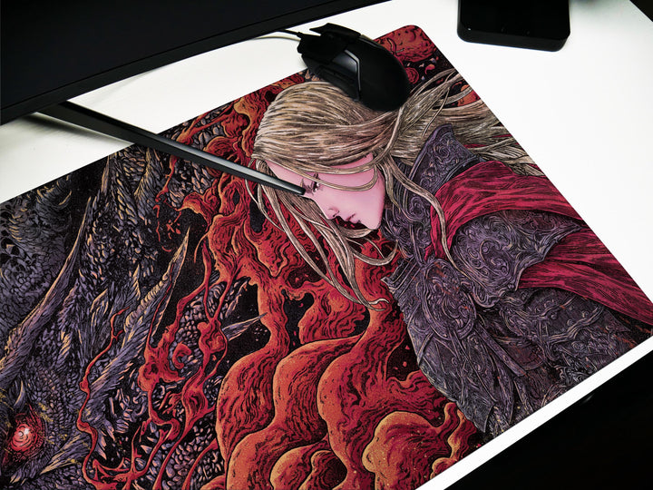 Crimson Bond, Desk Pad, Mouse Pad, Desk Mat, Fierce Dragon Glare, Golden Moonlight, Warrior's Resolve, Blood Red Smoke, Gothic Fantasy