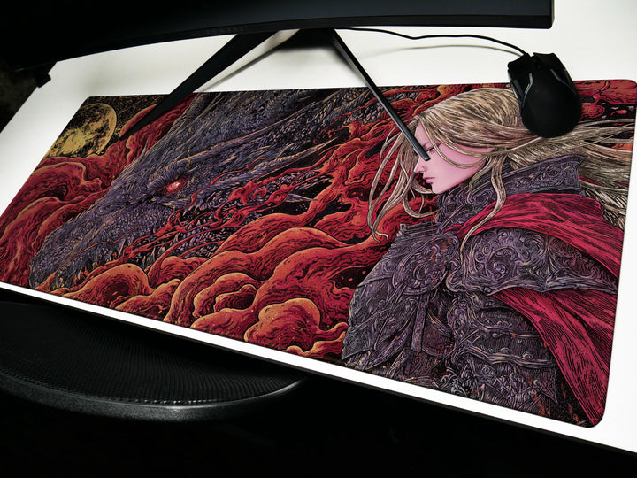 Crimson Bond, Desk Pad, Mouse Pad, Desk Mat, Fierce Dragon Glare, Golden Moonlight, Warrior's Resolve, Blood Red Smoke, Gothic Fantasy