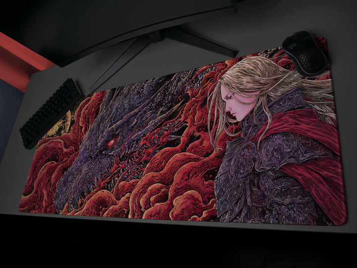 Crimson Bond, Desk Pad, Mouse Pad, Desk Mat, Fierce Dragon Glare, Golden Moonlight, Warrior's Resolve, Blood Red Smoke, Gothic Fantasy