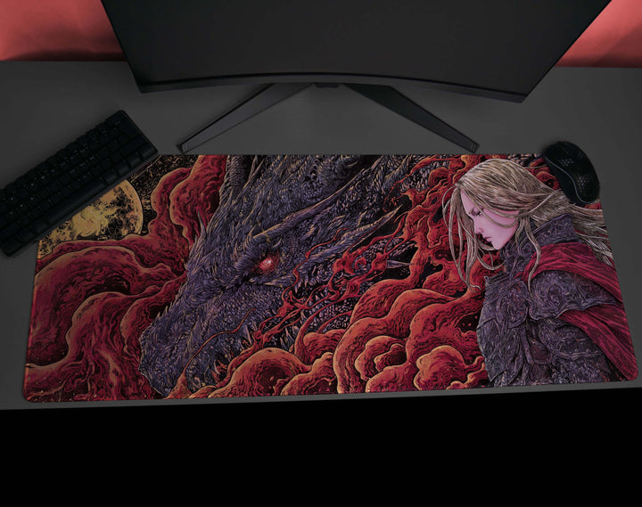Crimson Bond, Desk Pad, Mouse Pad, Desk Mat, Fierce Dragon Glare, Golden Moonlight, Warrior's Resolve, Blood Red Smoke, Gothic Fantasy