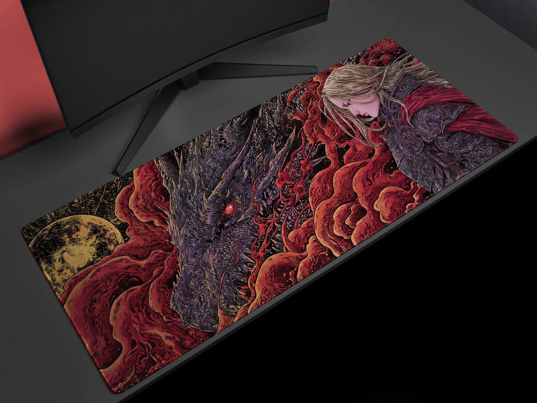 Crimson Bond, Desk Pad, Mouse Pad, Desk Mat, Fierce Dragon Glare, Golden Moonlight, Warrior's Resolve, Blood Red Smoke, Gothic Fantasy