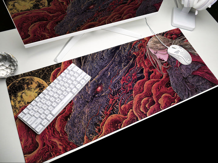 Crimson Bond, Desk Pad, Mouse Pad, Desk Mat, Fierce Dragon Glare, Golden Moonlight, Warrior's Resolve, Blood Red Smoke, Gothic Fantasy