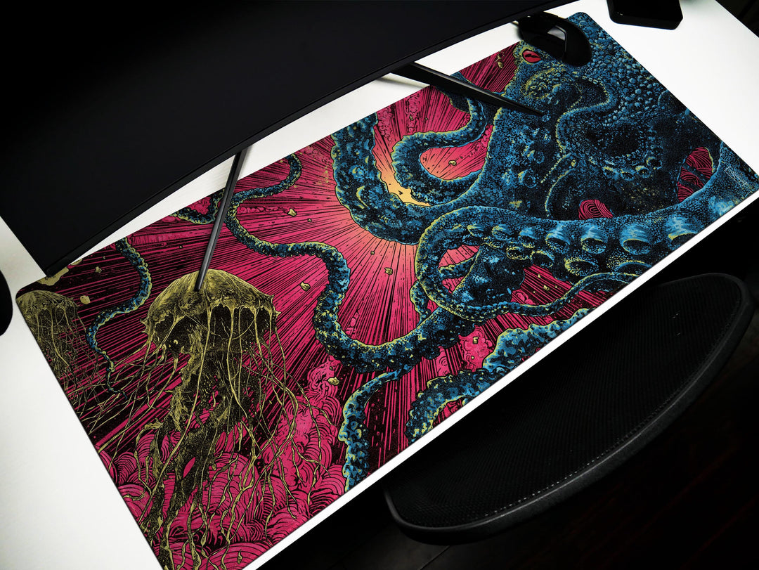 Abyssal Bloom, Desk Mat, Deep Sea Encounter Artwork by Wekx