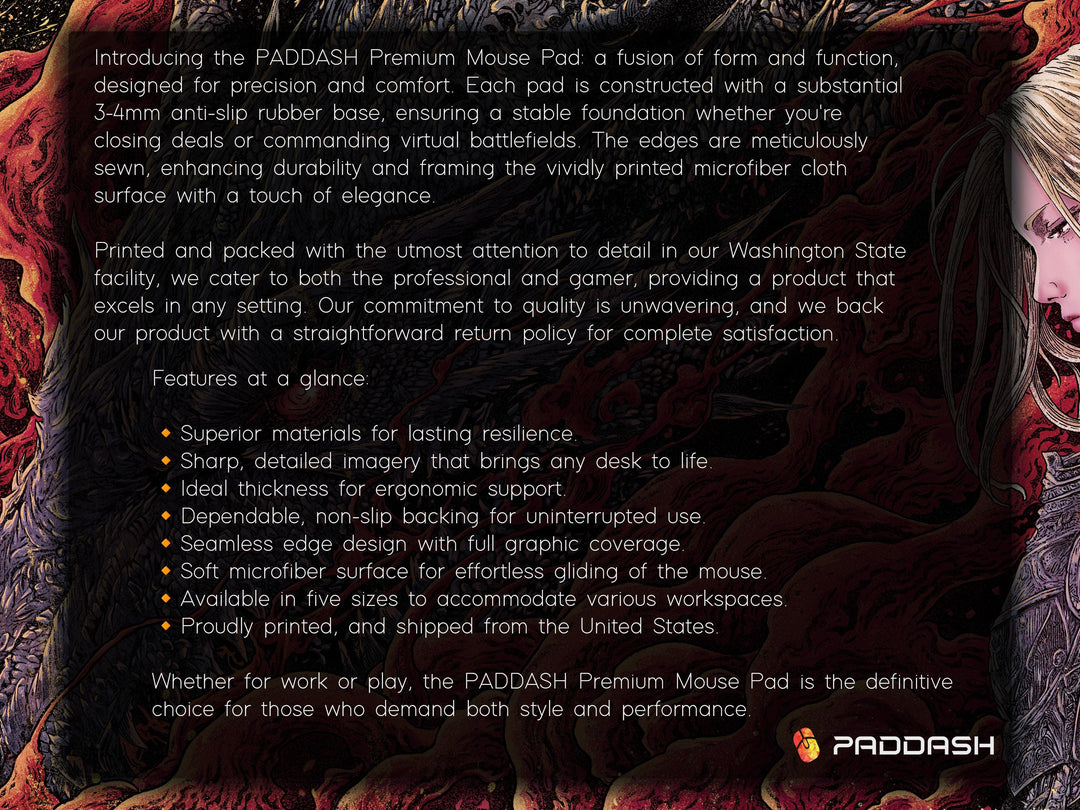 Crimson Bond, Desk Pad, Mouse Pad, Desk Mat, Fierce Dragon Glare, Golden Moonlight, Warrior's Resolve, Blood Red Smoke, Gothic Fantasy