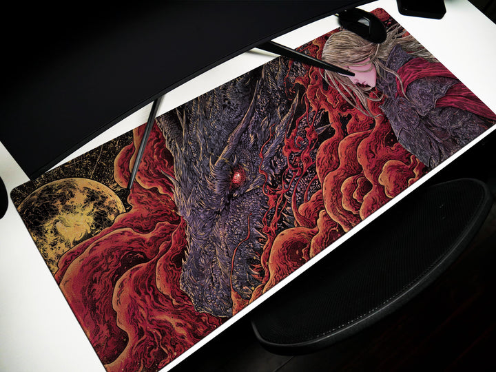Crimson Bond, Desk Pad, Mouse Pad, Desk Mat, Fierce Dragon Glare, Golden Moonlight, Warrior's Resolve, Blood Red Smoke, Gothic Fantasy