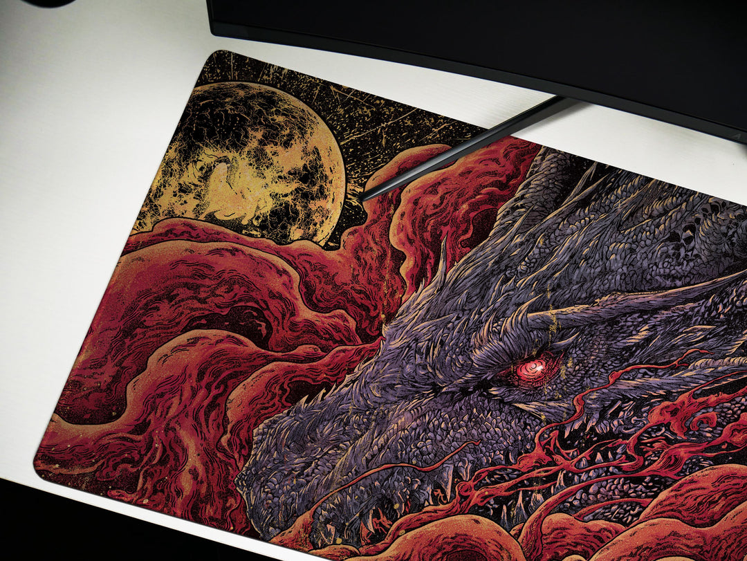 Crimson Bond, Desk Pad, Mouse Pad, Desk Mat, Fierce Dragon Glare, Golden Moonlight, Warrior's Resolve, Blood Red Smoke, Gothic Fantasy