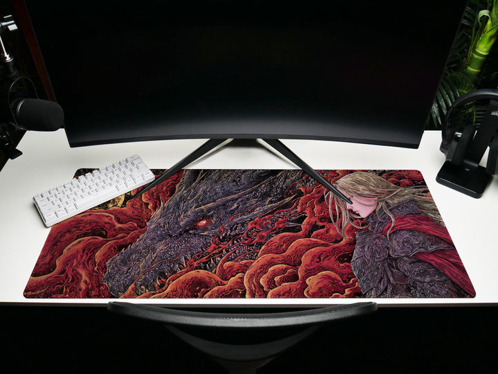 Crimson Bond, Desk Pad, Mouse Pad, Desk Mat, Fierce Dragon Glare, Golden Moonlight, Warrior's Resolve, Blood Red Smoke, Gothic Fantasy