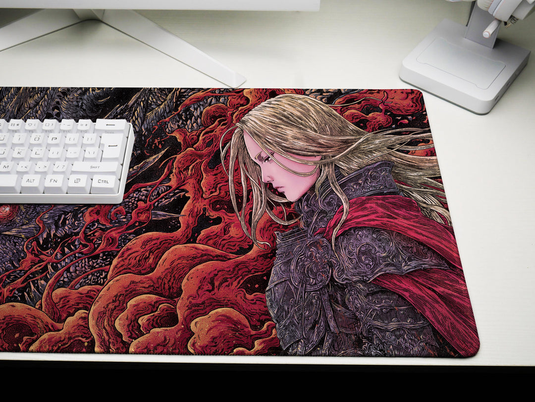 Crimson Bond, Desk Pad, Mouse Pad, Desk Mat, Fierce Dragon Glare, Golden Moonlight, Warrior's Resolve, Blood Red Smoke, Gothic Fantasy