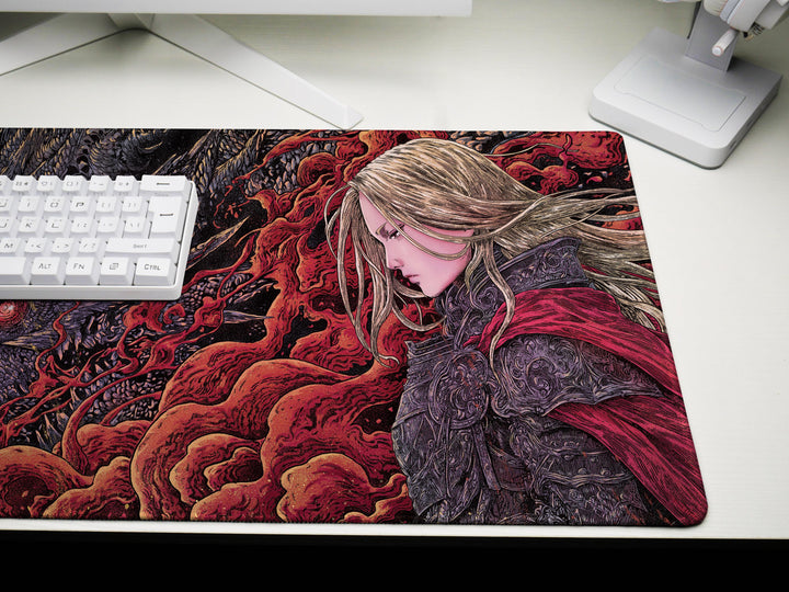 Crimson Bond, Desk Pad, Mouse Pad, Desk Mat, Fierce Dragon Glare, Golden Moonlight, Warrior's Resolve, Blood Red Smoke, Gothic Fantasy