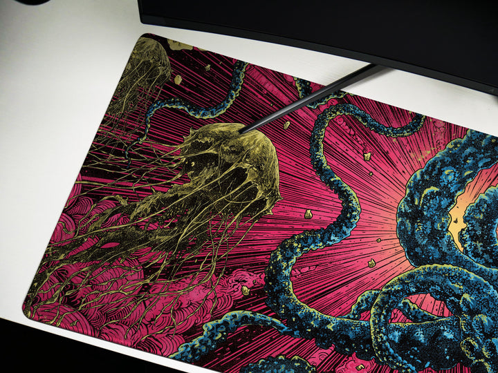 Abyssal Bloom, Desk Mat, Deep Sea Encounter Artwork by Wekx