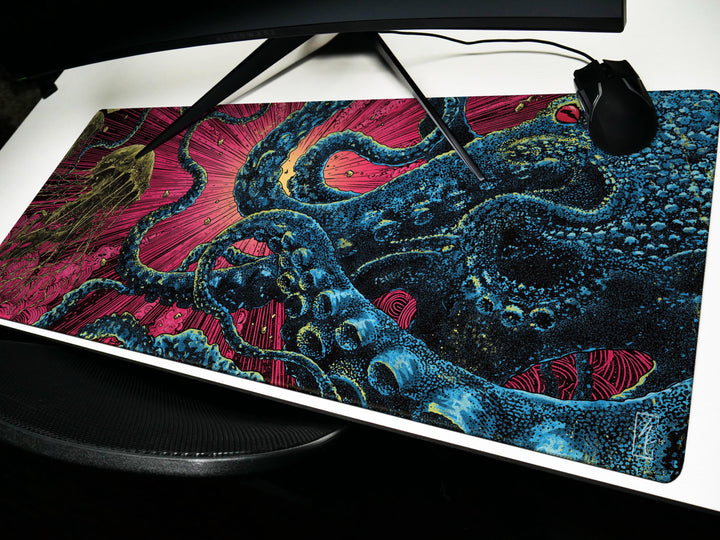 Abyssal Bloom, Desk Mat, Deep Sea Encounter Artwork by Wekx