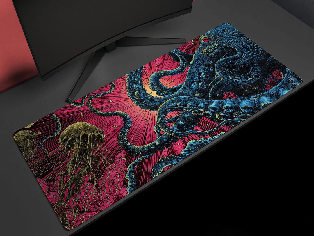 Abyssal Bloom, Desk Mat, Deep Sea Encounter Artwork by Wekx