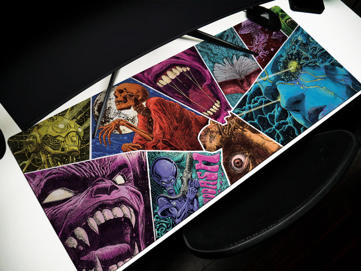Psychedelic Terror Mosaic, Desk Mat, Sci-Fi Horror Artwork by Wekx