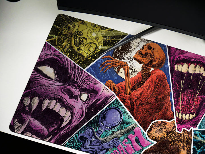 Psychedelic Terror Mosaic, Desk Mat, Sci-Fi Horror Artwork by Wekx