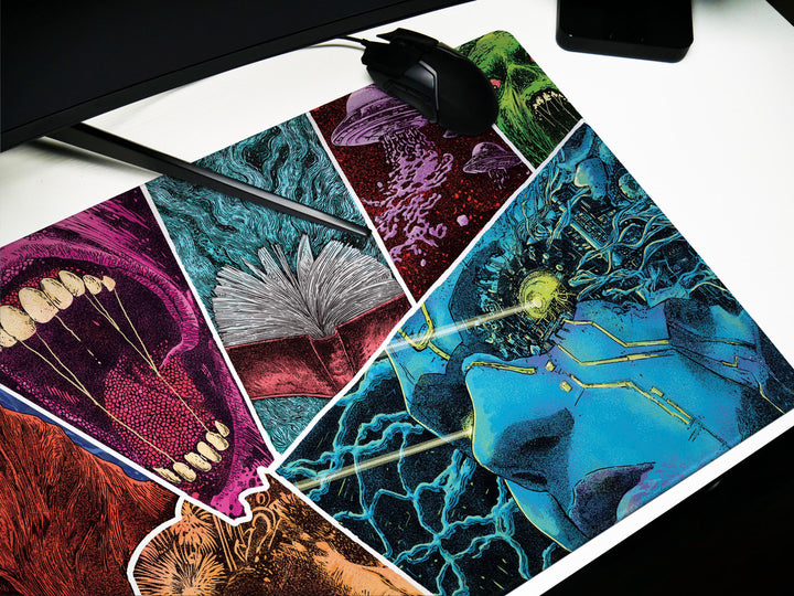 Psychedelic Terror Mosaic, Desk Mat, Sci-Fi Horror Artwork by Wekx