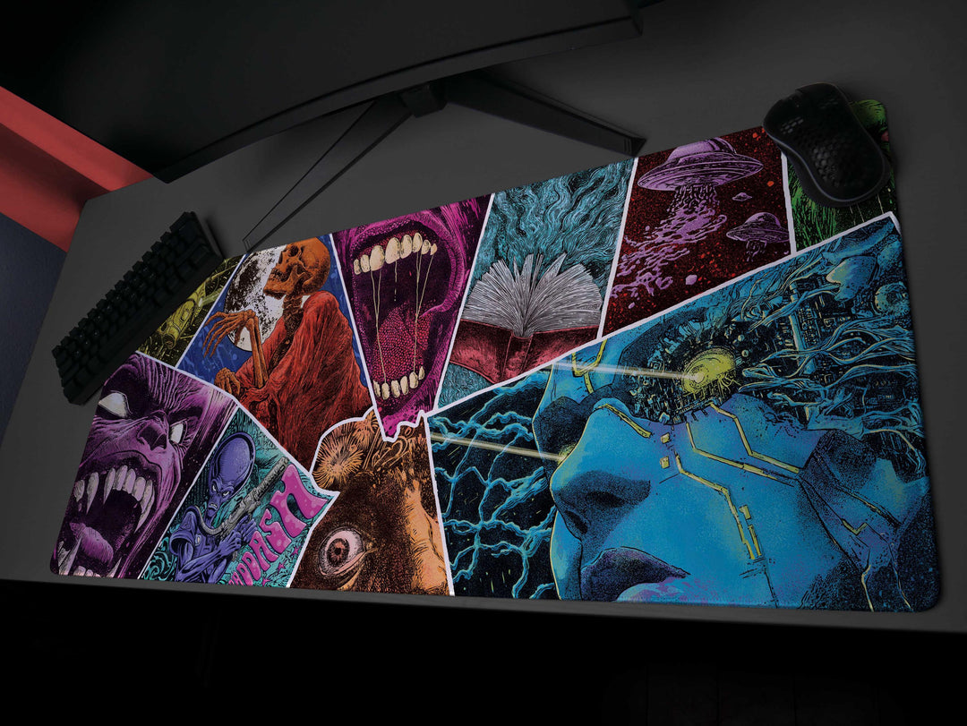 Psychedelic Terror Mosaic, Desk Mat, Sci-Fi Horror Artwork by Wekx
