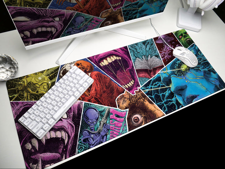 Psychedelic Terror Mosaic, Desk Mat, Sci-Fi Horror Artwork by Wekx