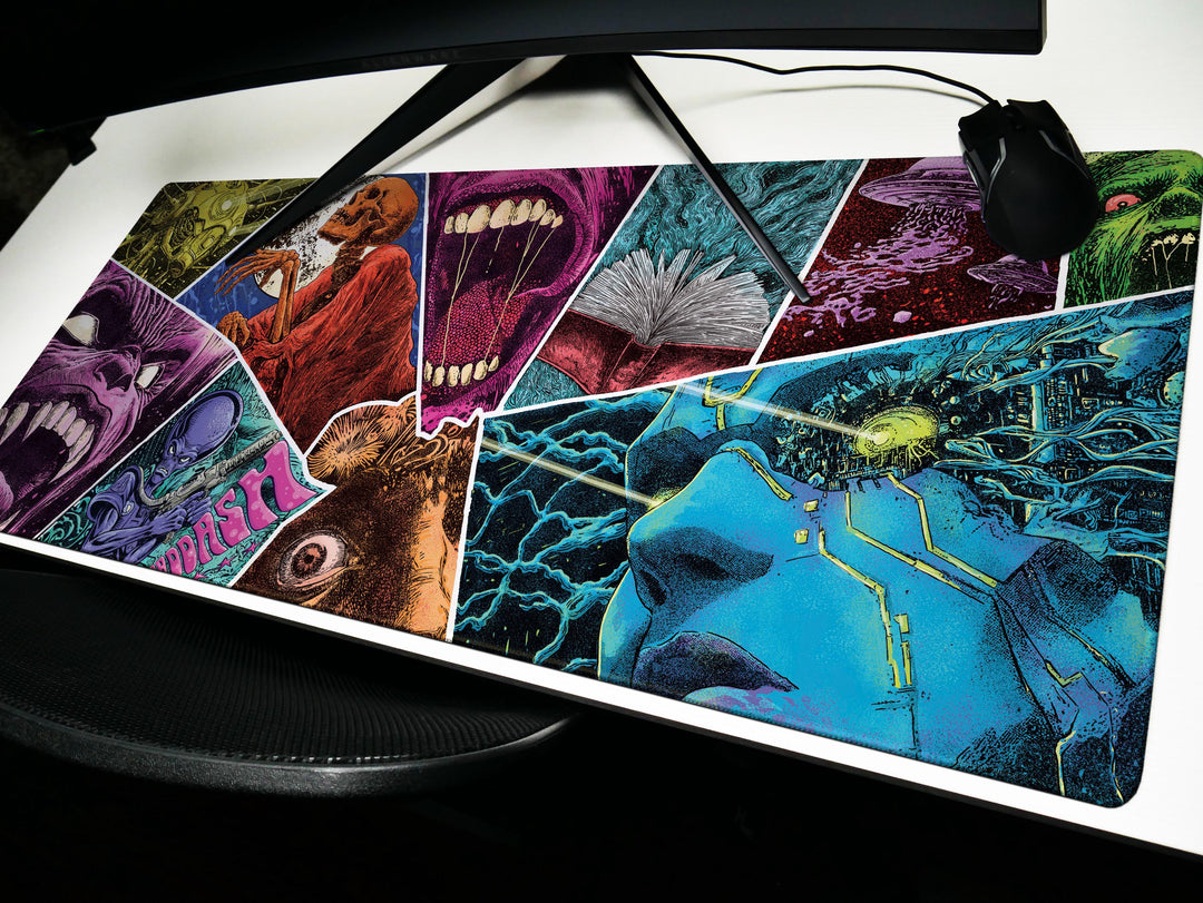 Psychedelic Terror Mosaic, Desk Mat, Sci-Fi Horror Artwork by Wekx