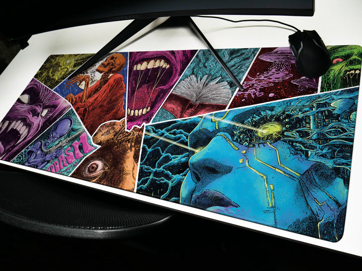Psychedelic Terror Mosaic, Desk Mat, Sci-Fi Horror Artwork by Wekx