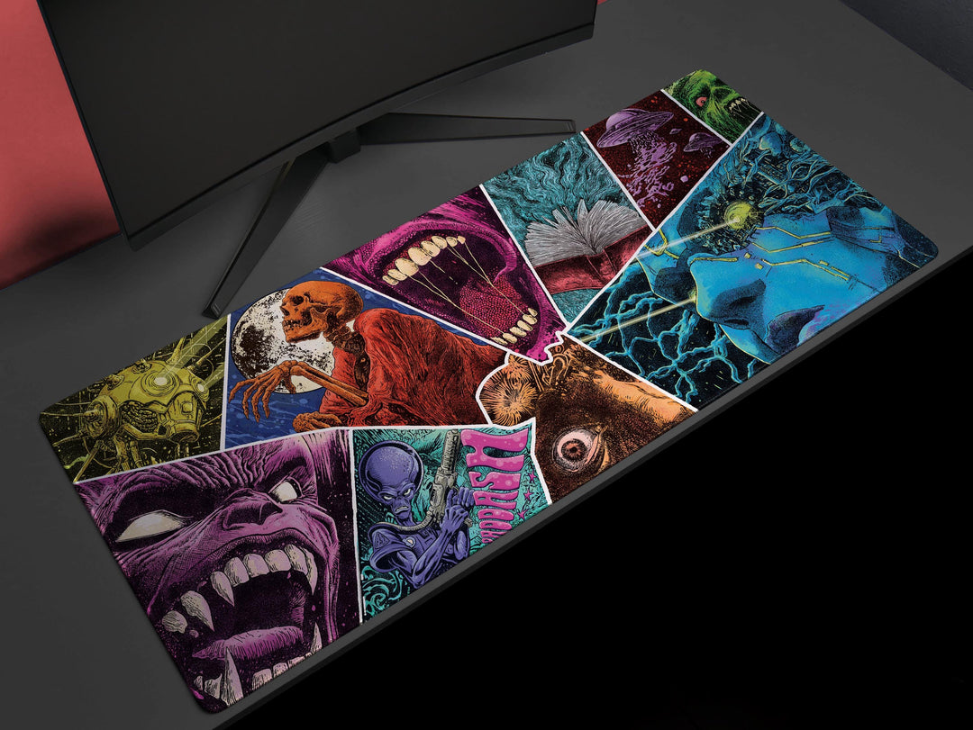 Psychedelic Terror Mosaic, Desk Mat, Sci-Fi Horror Artwork by Wekx