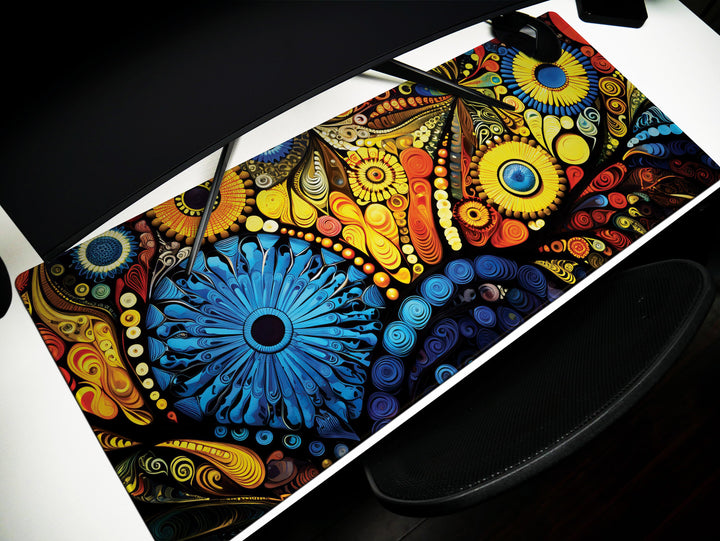 Vivid Artisanal Bliss Design 6, Desk Pad, Mouse Pad, Desk Mat, Cosmic Color Burst, Spiraled Sun Fest