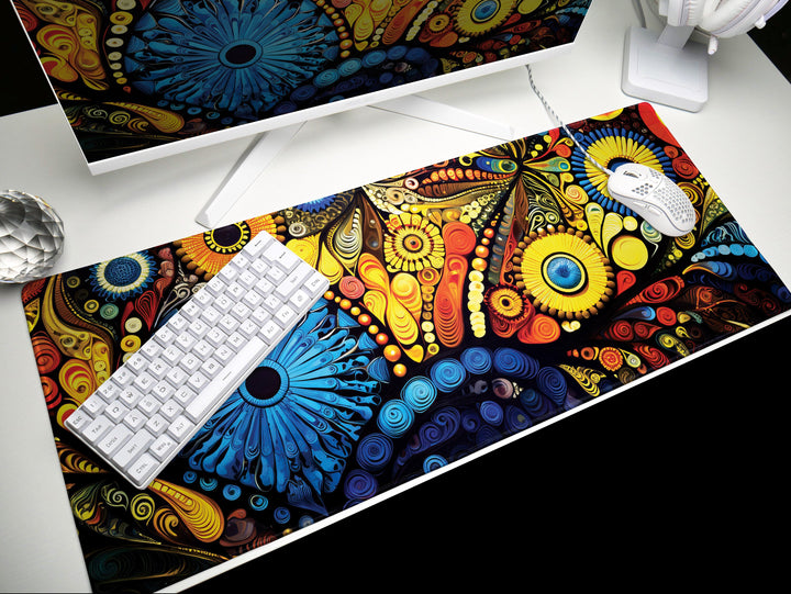 Vivid Artisanal Bliss Design 6, Desk Pad, Mouse Pad, Desk Mat, Cosmic Color Burst, Spiraled Sun Fest