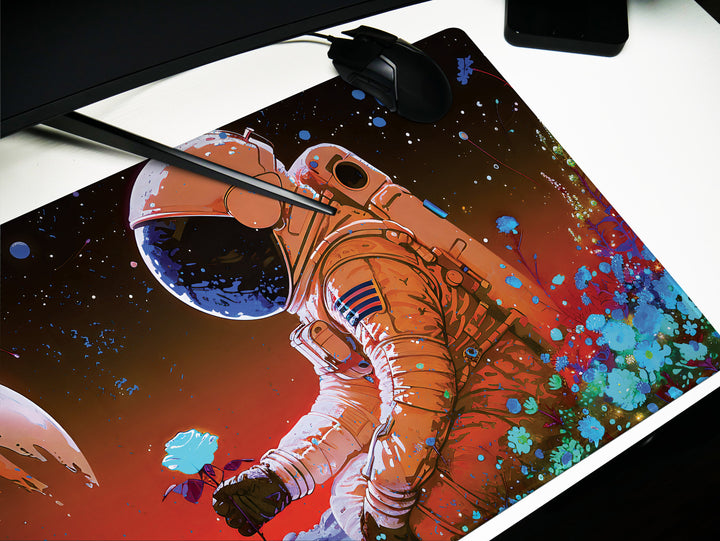 Cosmic Explorer Design 1, Desk Pad, Mouse Pad, Desk Mat, Astronaut with Rose, Vibrant Space Gardent