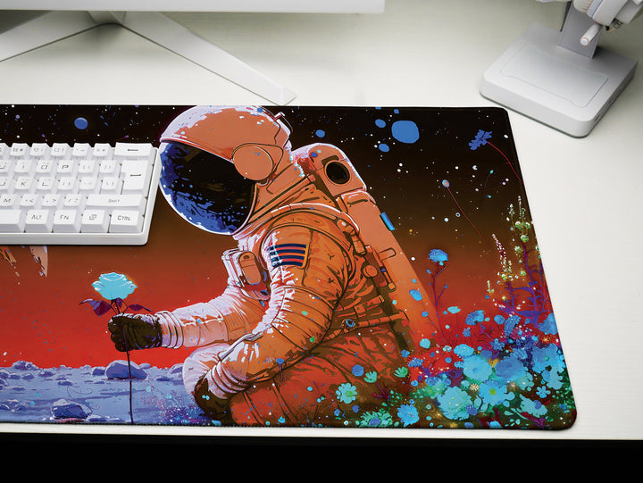 Cosmic Explorer Design 1, Desk Pad, Mouse Pad, Desk Mat, Astronaut with Rose, Vibrant Space Gardent