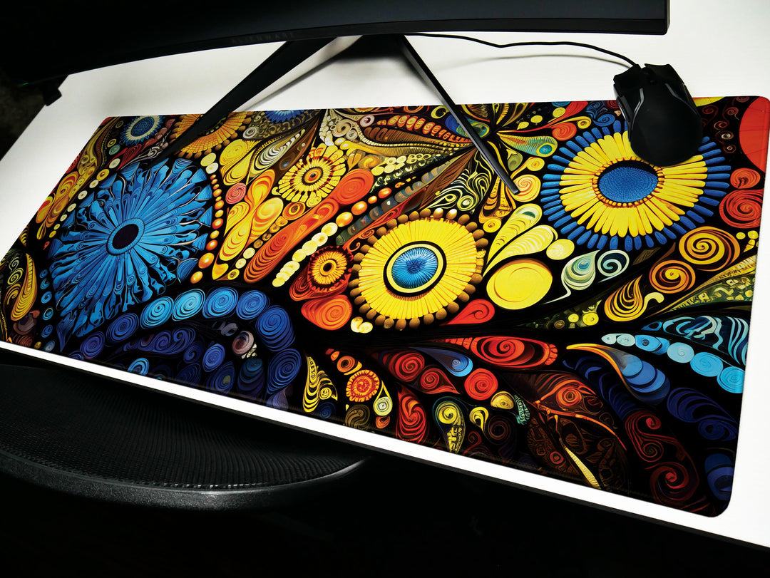 Vivid Artisanal Bliss Design 6, Desk Pad, Mouse Pad, Desk Mat, Cosmic Color Burst, Spiraled Sun Fest