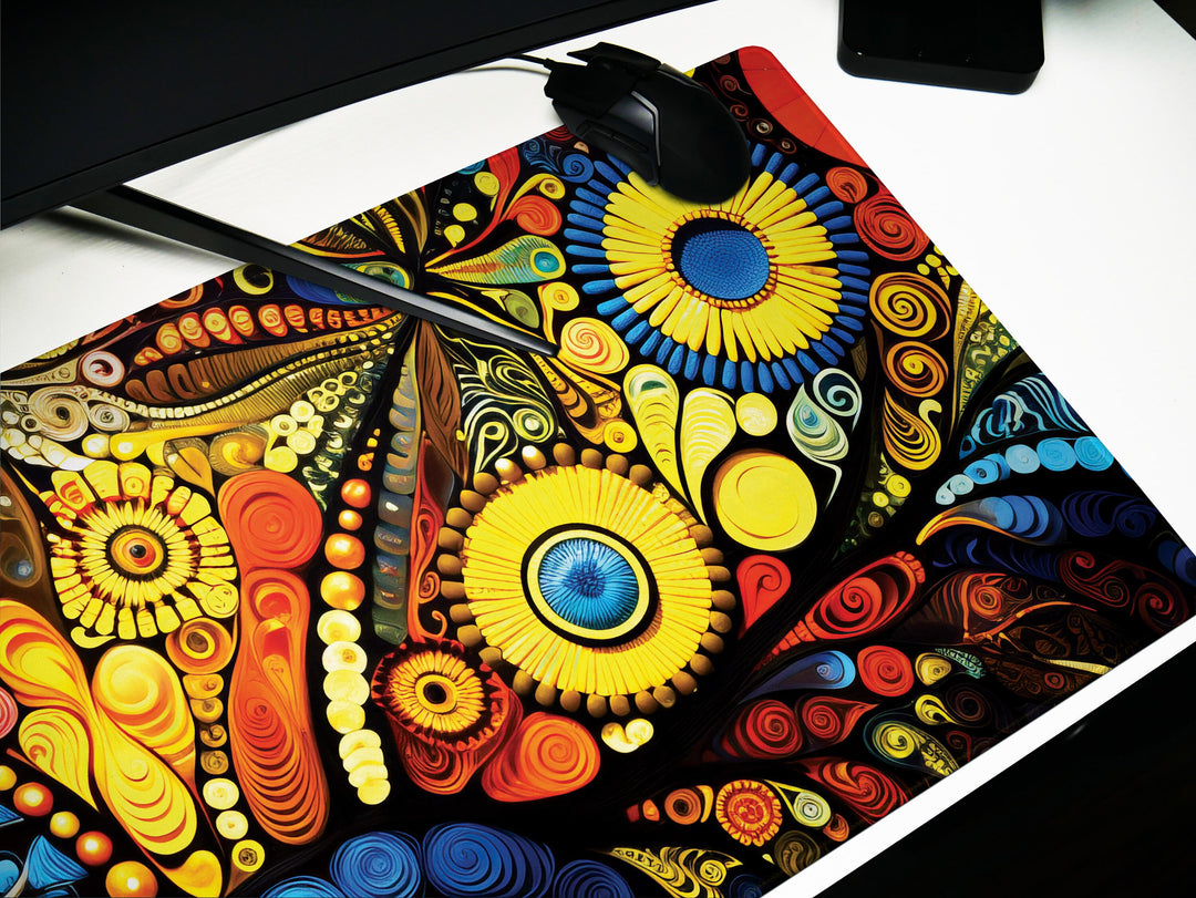 Vivid Artisanal Bliss Design 6, Desk Pad, Mouse Pad, Desk Mat, Cosmic Color Burst, Spiraled Sun Fest