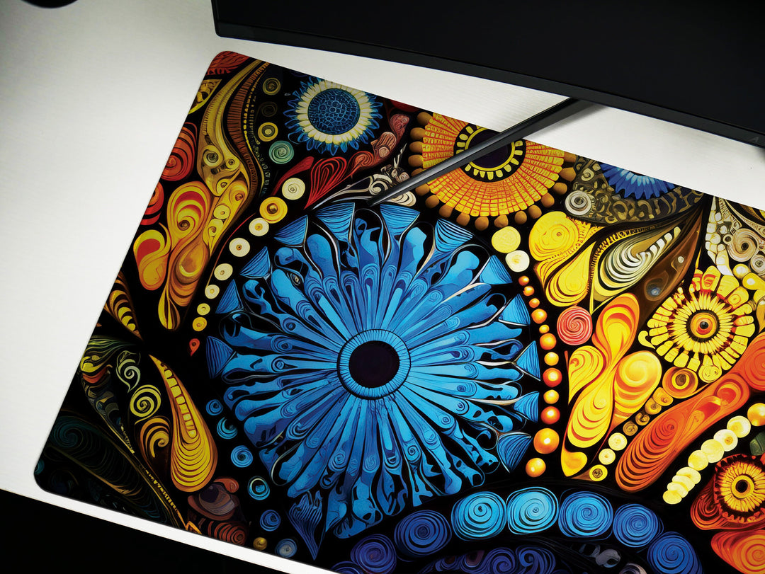 Vivid Artisanal Bliss Design 6, Desk Pad, Mouse Pad, Desk Mat, Cosmic Color Burst, Spiraled Sun Fest