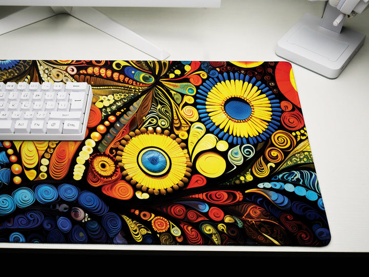 Vivid Artisanal Bliss Design 6, Desk Pad, Mouse Pad, Desk Mat, Cosmic Color Burst, Spiraled Sun Fest