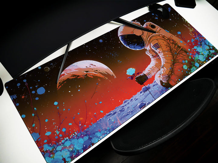 Cosmic Explorer Design 1, Desk Pad, Mouse Pad, Desk Mat, Astronaut with Rose, Vibrant Space Gardent