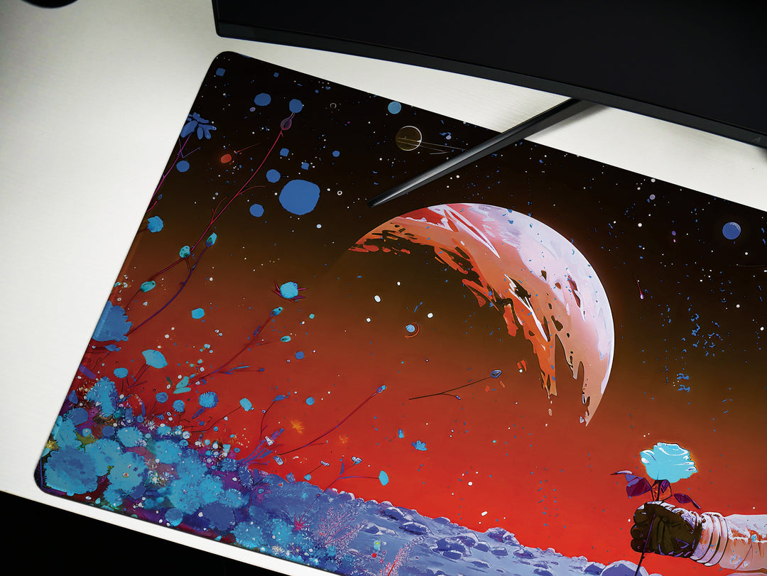 Cosmic Explorer Design 1, Desk Pad, Mouse Pad, Desk Mat, Astronaut with Rose, Vibrant Space Gardent