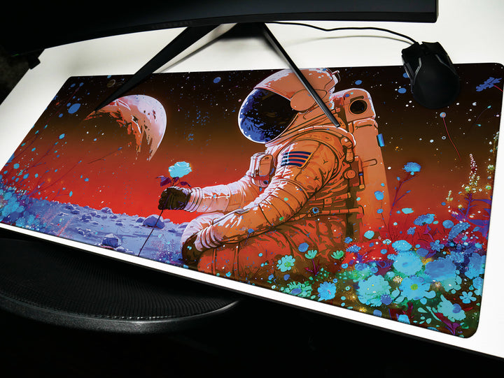 Cosmic Explorer Design 1, Desk Pad, Mouse Pad, Desk Mat, Astronaut with Rose, Vibrant Space Gardent