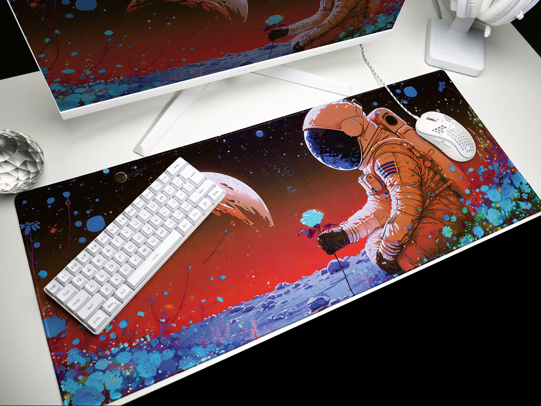 Cosmic Explorer Design 1, Desk Pad, Mouse Pad, Desk Mat, Astronaut with Rose, Vibrant Space Gardent